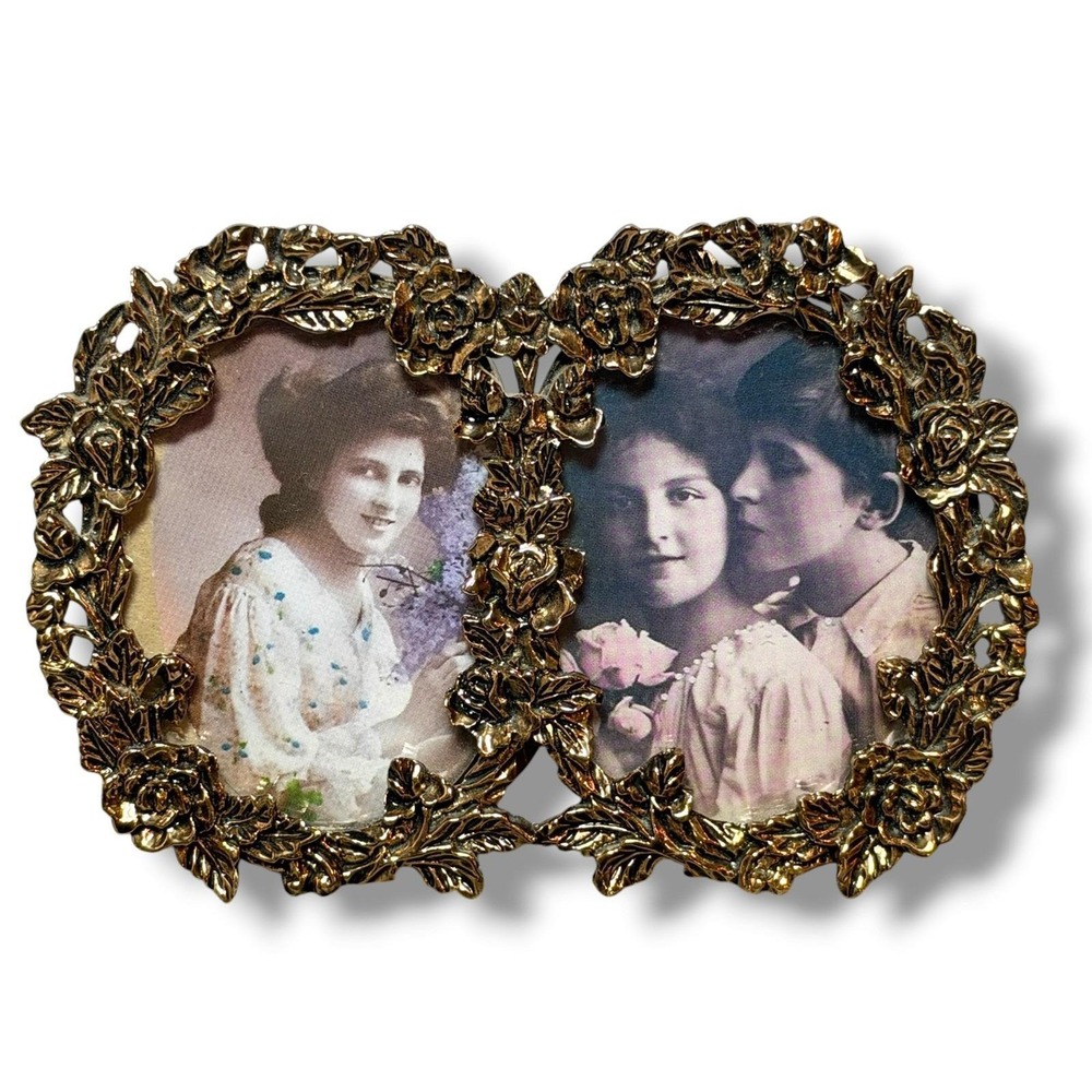 Sixtrees Ornate Gold Tone Double Oval Photo Frame Floral Scrollwork Vintage